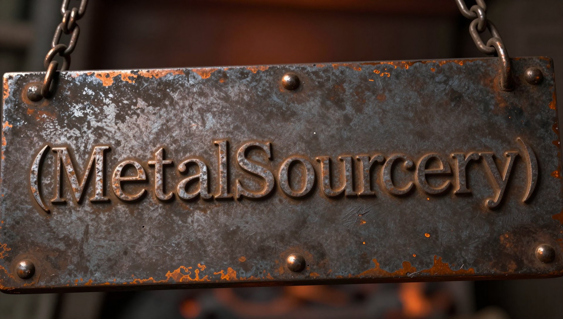 metalsourcery — a forged iron sign hanging on chains in a darkened forge, with the wordmark in raised brass-toned letters surrounded by parentheses